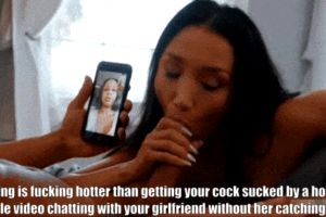 Boyfriend Doesn't Let Video Call With Girlfriend Interfere With The Blowjob He's Getting From A Hot Slut